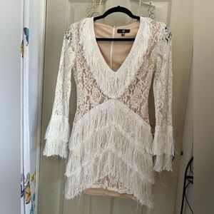 White Lace Tassel Plunge Mini Dress